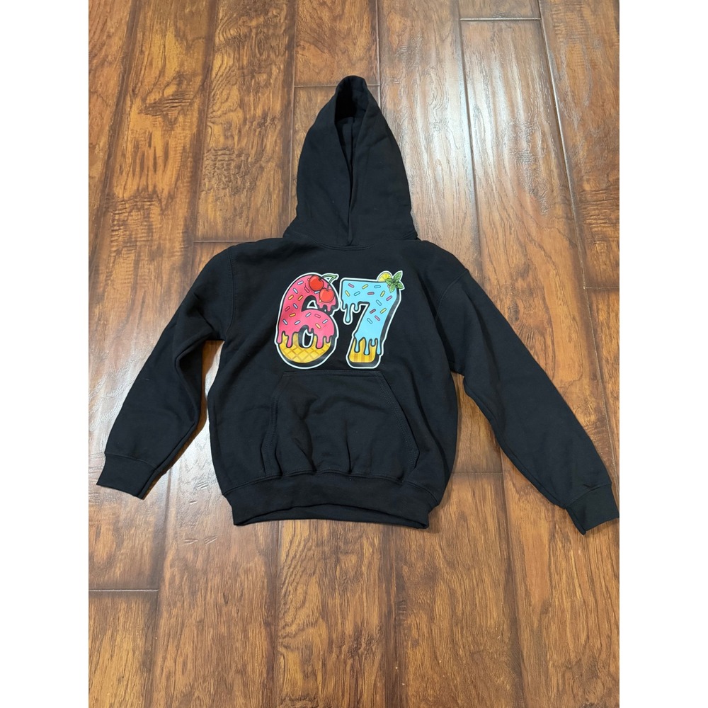 Gildan Hoodie Youth Small Black Excellent 67 Donut Milkshake Graphic Sweatshirt